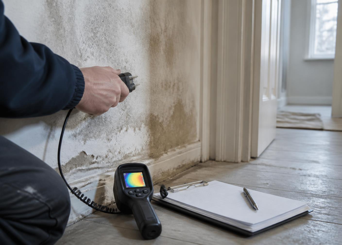 Moisture readings being taken during a damp and mould investigation