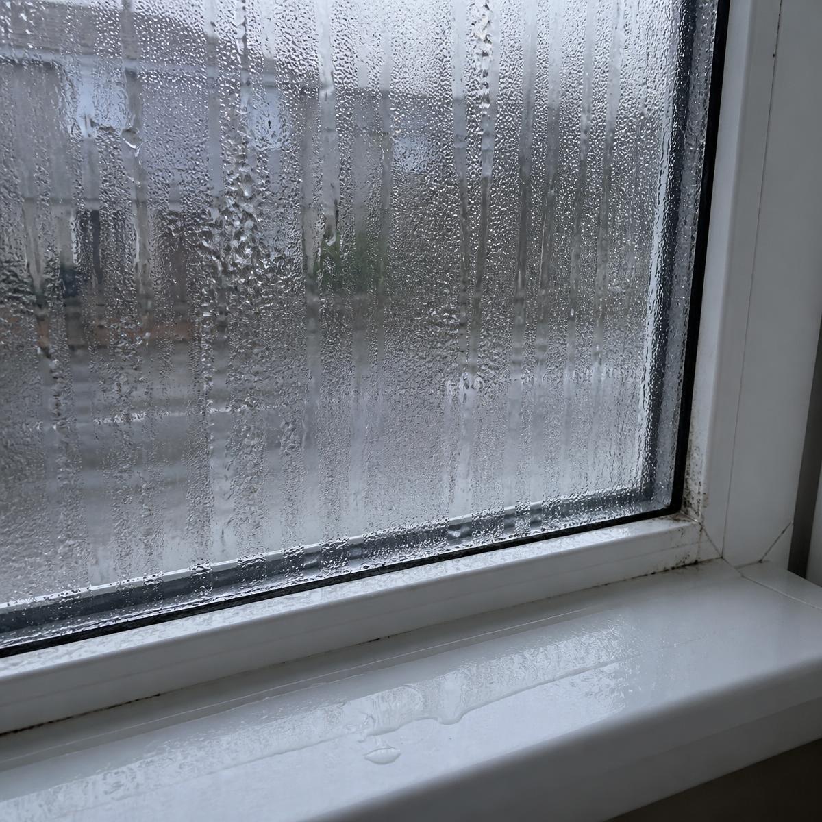 Condensation running down a window with water pooling on the sill