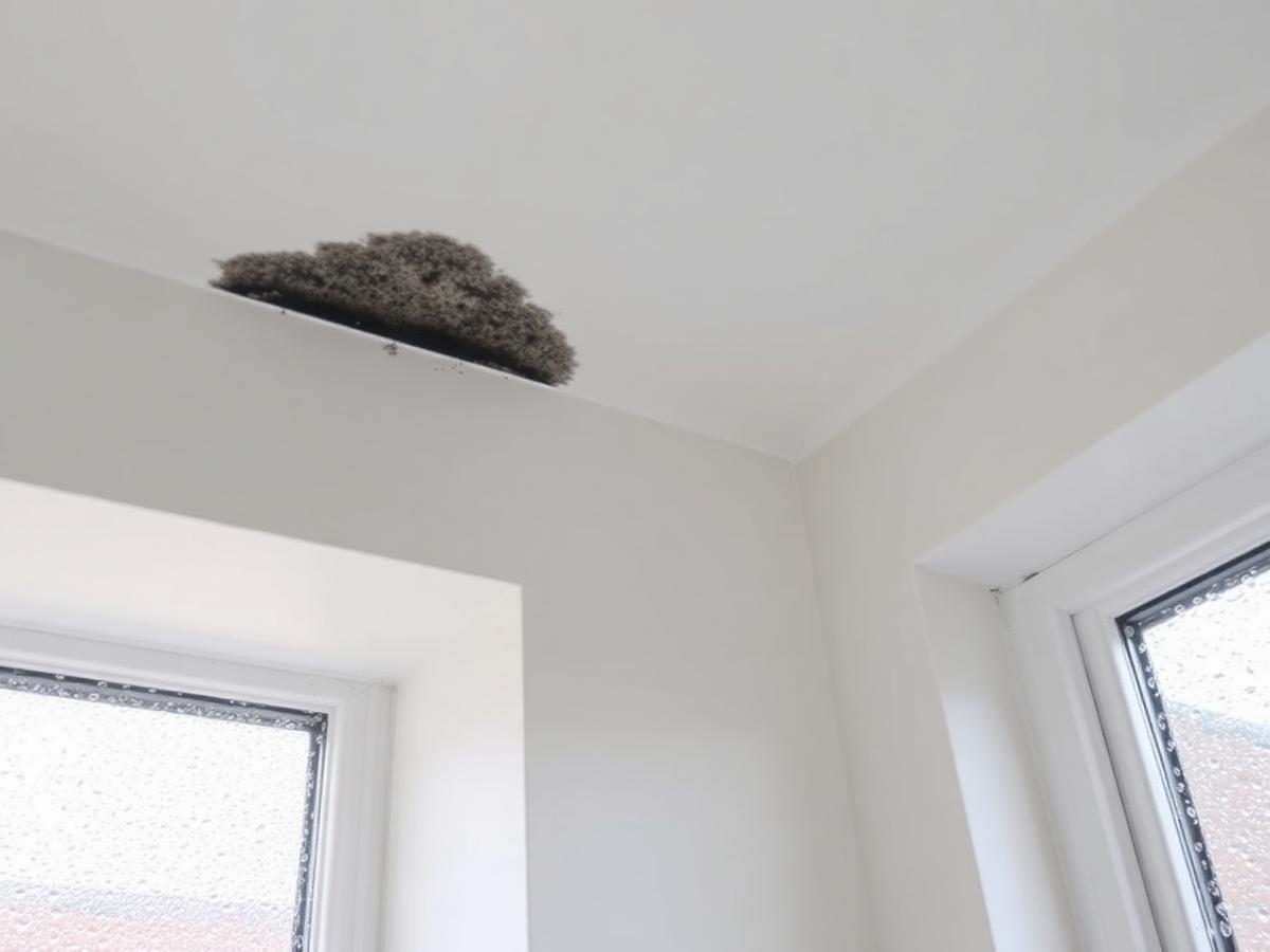 Early condensation problem: a small patch of mould in a bathroom ceiling corner and condensation beads on the window frame